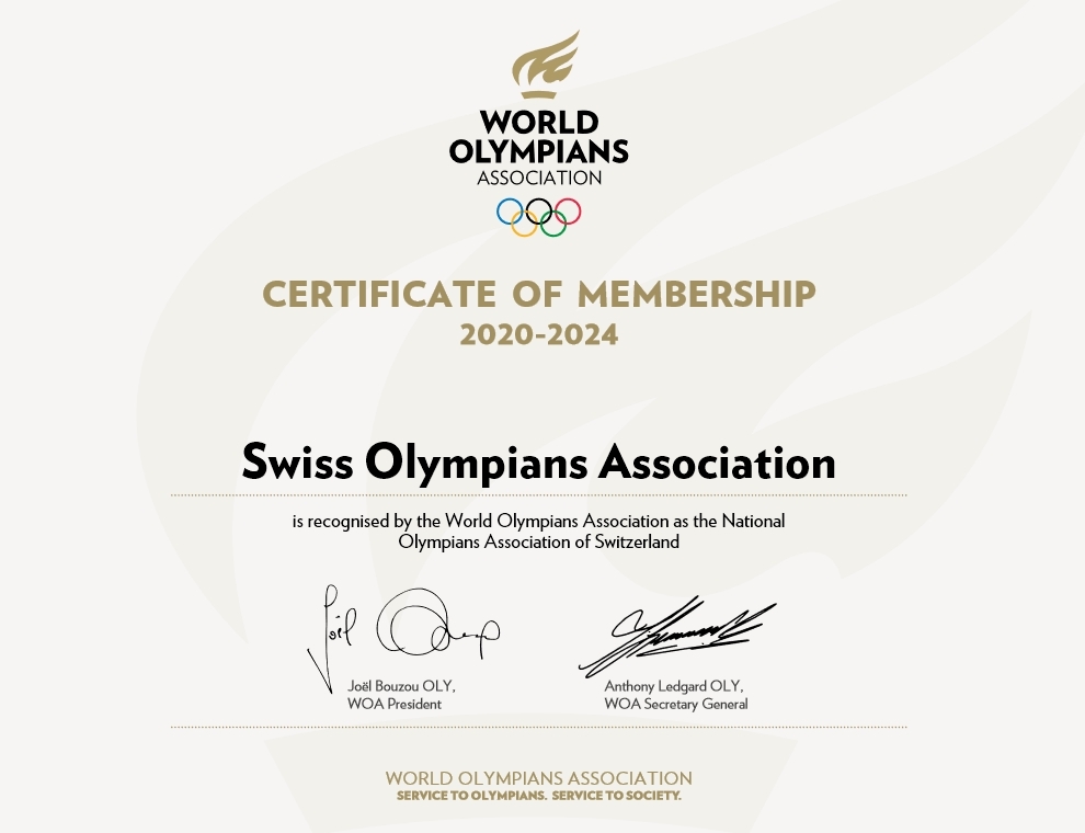 Die WOA ehrt die Swiss Olympians mit dem "Certificate of Member"